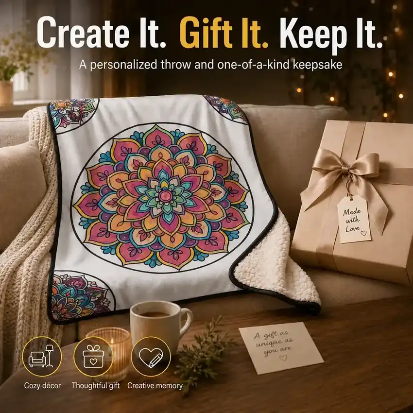 A cozy date-night style coloring scene featuring the R.S. Goods adult coloring blanket