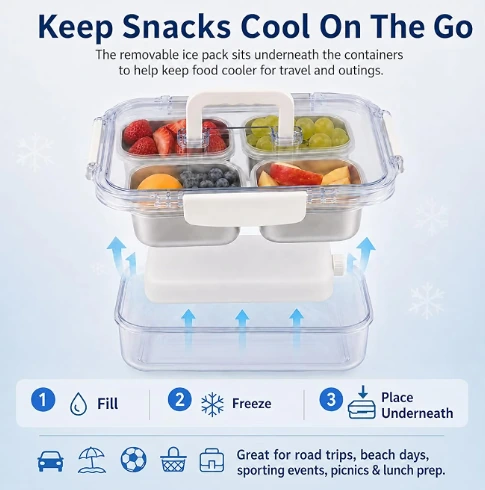 R.S. Goods 4-Compartment Snack Box with Ice Pack lifestyle use